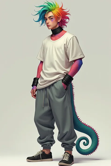 19 year old guy, chameleon TAIL,flamboyant rainbow hair, human characteristics,  white shirt, grey sweats, thick collar around neck , prison cuffs around wrists