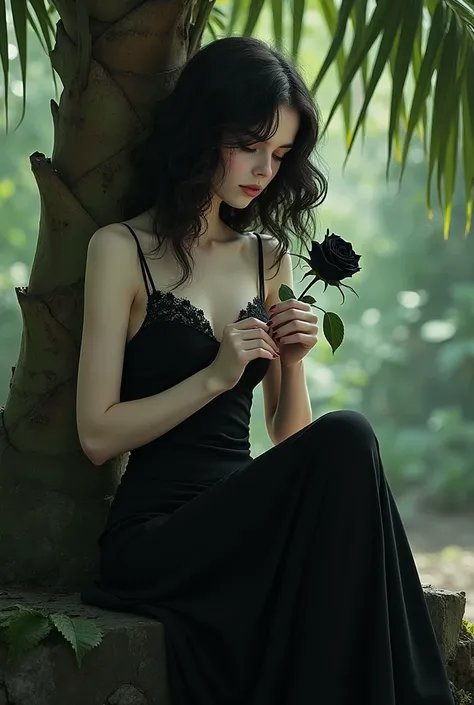  A girl in a short black dress,tenant une rose noire,Sitting under a palm tree 