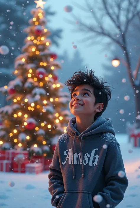 Create a  image ok 4k ultra hd where a beautiful Christmas tree and snow balls are falling and a young  20 years boy is smiling and chilling with the name written on the top of sweatshirt ANSH