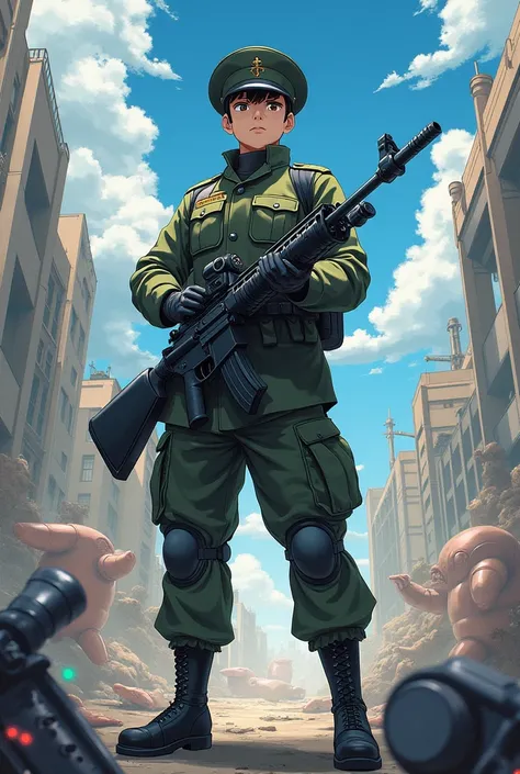 A soldier in uniform with a weapon from anime life in the background is a broken equipment.
