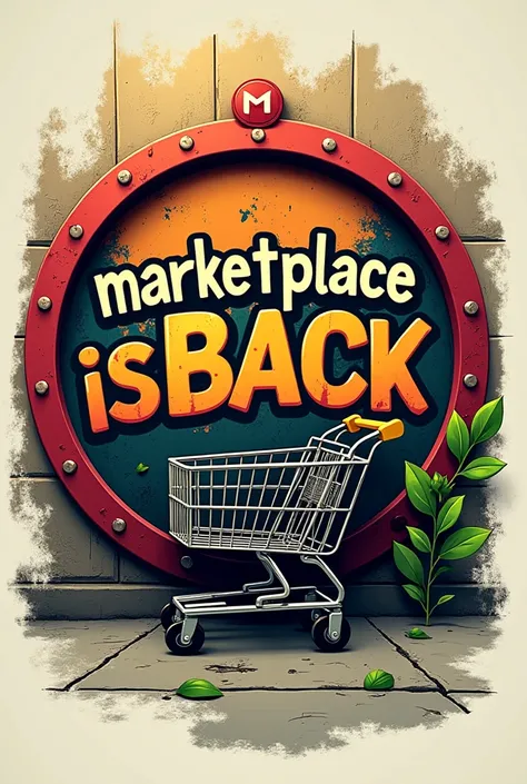 make a round name logo with  "marketplace isback" with grafity style and round berleaf accompanied by iron trolley there is a logo "m"  At the top 