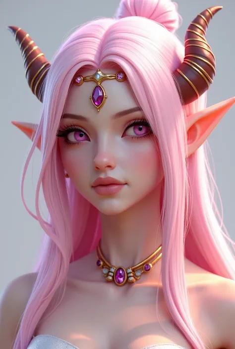 elf woman, Long light pink hair, Hair with bun,  shiny hair , straight hair, Half stuck,  pointed ears,  pink eyes, makeup, pale,  hair flower , crown,  Demon horns , brilliance,  3D rendering ,  illustration,  High resolution , Jewel, 