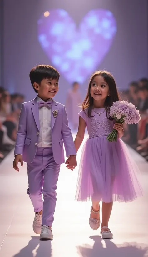 A heartwarming scene featuring two charming young ren walking hand in hand down a chic runway. The boy is dressed in a stylish lavender suit with a crisp white shirt, exuding a sense of elegance. The girl wears a lovely lavender dress embellished with deli...