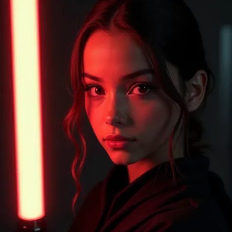 A skinny fit 1 girl (young cute ***********), serios face, with a flat chest, detailed facial features, beautiful eyes and lips, long eyelashes, dark side Jedi outfit, holding lightsaber, on blurred dark background, cinematic lighting, high quality, hyperr...