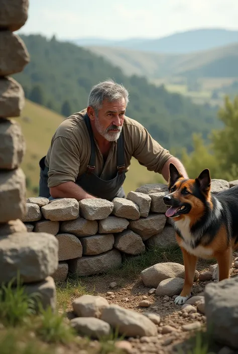 Male 45 years old, Short salt and pepper hair .  Who builds a stone wall with Australian shepherd