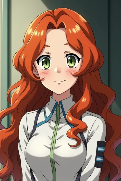  screenshot my hero Academia .
Girl with long copper hair and with curls.  has olive green eyes , freckles on nose and cheeks ,  upturned nose ,  thick and beautiful lips ,  in white leather, He wears the UA uniform and has a happy expression 