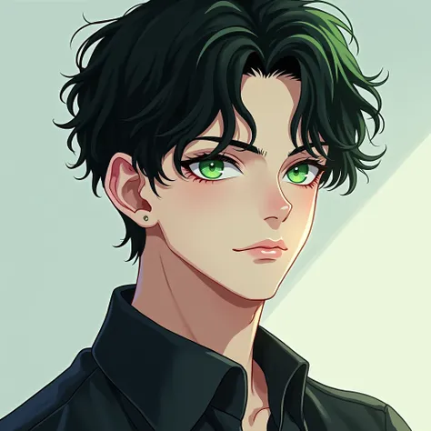  young man (22 years old)  green eyes,  black hair, Anime and white skin