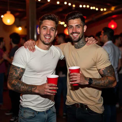 Two brothers at a frat party in a frat house holding red solo cups. Both have short dark brown textured tapered hair. They are in their 30s. Both have tattoos. One is slightly older than other and wearing a white tshirt and loose fitted worn out jeans. The...