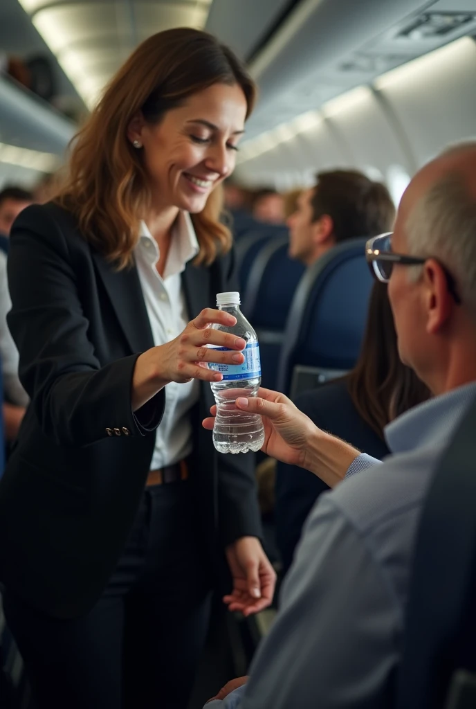 A woman offering a bottle of water to someone on a plane