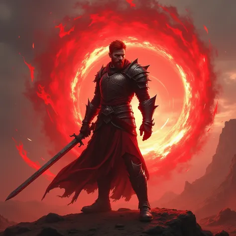 A man in armor half-destroyed full aura of scarlet power with a brilliant black-scarlet color. He is located on the battlefield. He is a mage of the scarlet power of the universe. Not only that, but he has red hair of short length, his hair looks as if a s...