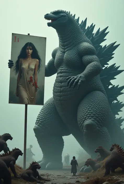 Godzilla holding a sign has a woman who keeps each monster