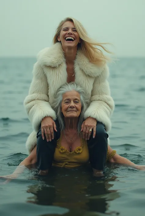 Happy Rich blonde woman in White fur leather pants riding on sad poor old women shoulders in water