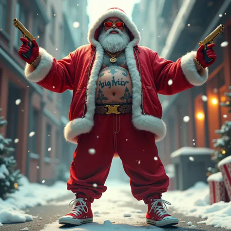 Rap Album cover of a Caucasian Santa Clause donned in red hip-hop street clothes white fluff trim and with a hood, with bling and red tinted sunglasses. Red Chuck Taylors. Tattoos. Husky body type. Gold plated pistol in one hand. Dynamic. Arms spread wide ...