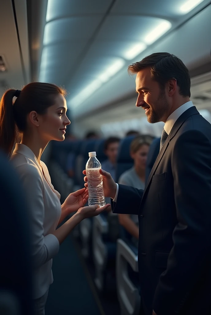 
A man giving a bottle of water to someone on a plane