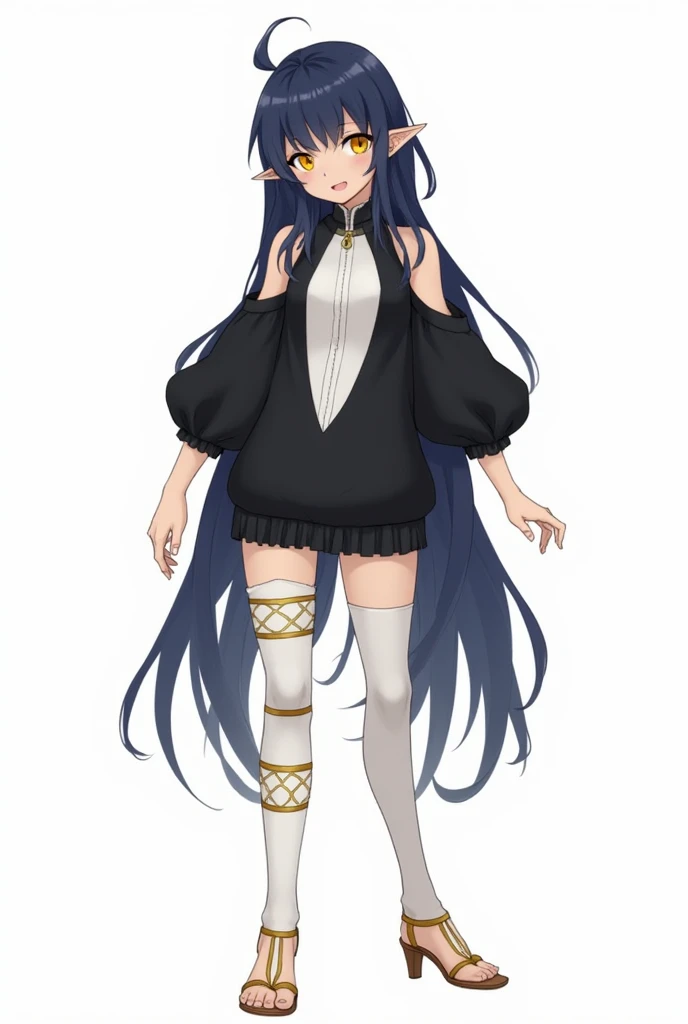 She has fair skin, golden eyes with white pupils, dark blue hair that fades to a lighter shade at the tips, and pointed ears.Laylas outfit consists of a black tunic with a white front, white tights with gold rings around her left thigh, and golden sandal h...