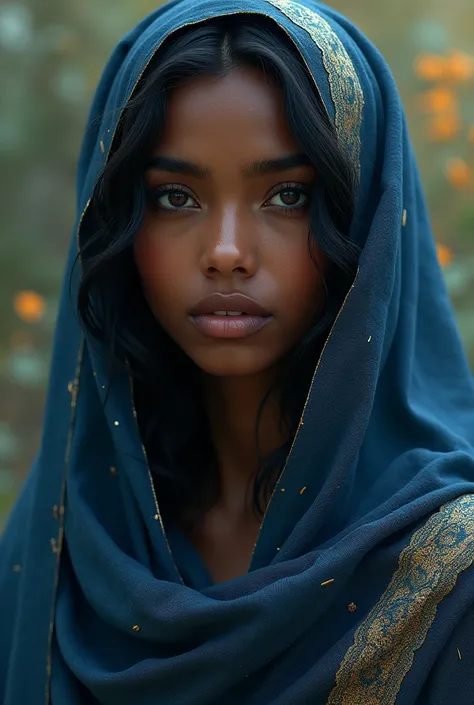 Black-skinned Indian woman , Long hair, smooth, black people,  under a blue and gold veil.