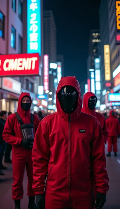 A bustling urban scene at night with bright neon signs glowing, one prominently displaying “Squid Game: $1 Million Prize.” Crowds of people in awe as masked guards in red jumpsuits stand ominously at intersections, their reflective black masks glinting und...