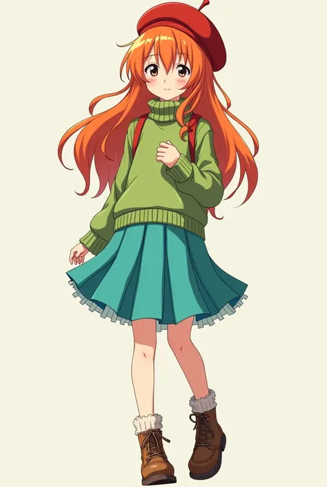 Anime girl with orange hair, freckles, a sideways tilted red beret hat. A green turtlenecked sweater. A turquoise skirt and a pair of brown shoes 