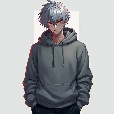 masterpiece, best quality, 1boy, solo, red glowing eyes, silver hair, gray hoodie, black pants, looking at viewer, male high school