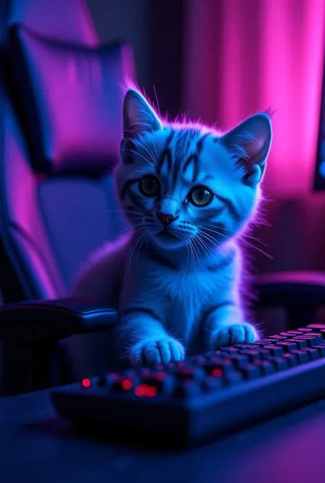  Generate an image of a blue kitten with purple stripes .  He must be seated in his gamer chair that is in his entire gamer room with a gamer aesthetic.  You are playing your game on your gamer computer . Make the image thick as a Profile photo  