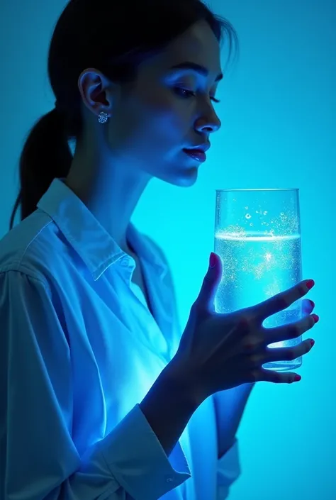  Create a conceptual image of a woman holding a clear glass of water,  with a vibrant blue glow emanating from the cup , representing energy and hydration . The background should be clear and minimalist.,  with small reflections of light highlighting purit...