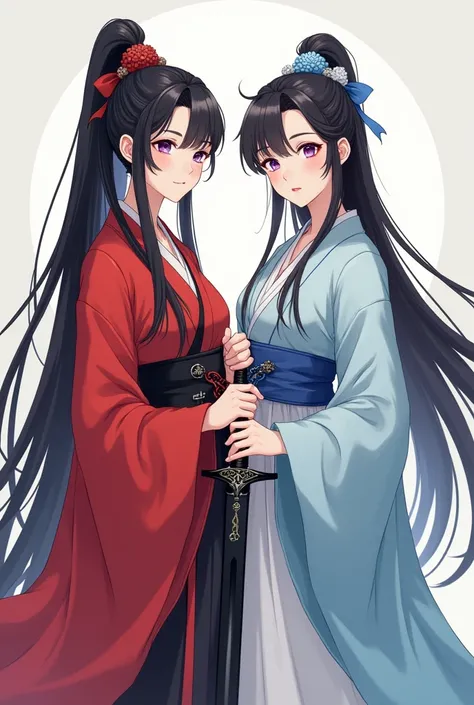 Portrait Two Chinese xianxia genre girls, one is wearing red and black hanfu and holding a blackish sword upside down and the other one is wearing sky bluish and white hanfu and holding a bluish silver sword. Write the Tittle: "Whisper of the Immortal Path...