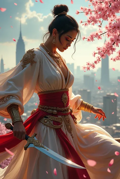 upper body, blade on the side ,strike pose,lame vers le bas,lame de la main droite,Cherry Blossoms,, ( Moroccan masterpiece ,  best quality,  high quality,  City view ,  side),