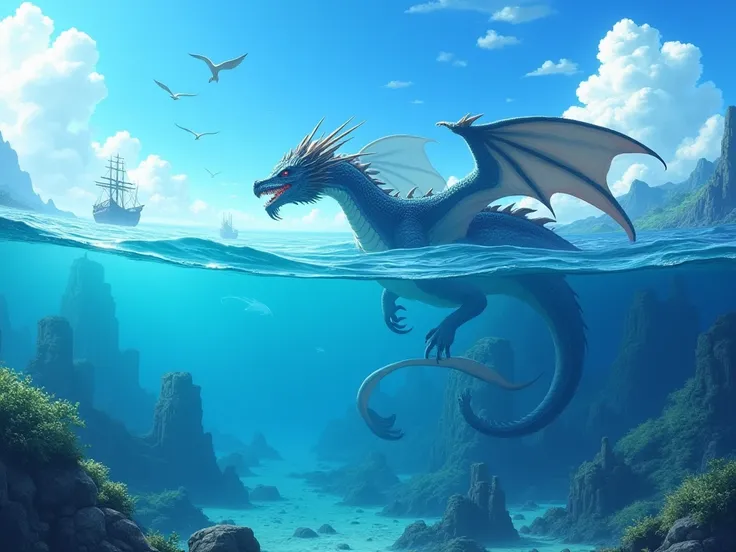 Sea Dragon,  crystalline ocean ,  fish banks ,  maritime fauna ,  ancient ruins under the ocean ,  soldier skies , birds, clouds, measure, blue sky,  marine animals, Format, anime 3D,  size and width 1 .280 and 720 ,  dragon underwater ,  Giant Dragon