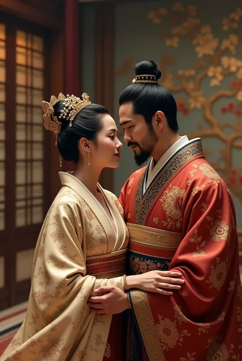 Japanese Empire queen kissing her king, her bosom visible 