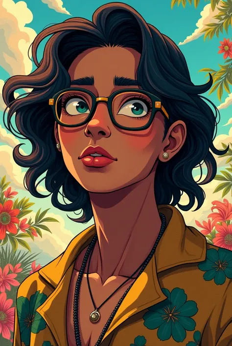  creation of an image of a Brazilian anime character, with dark skin,  wavy hair, Glasses and around 35 years old 