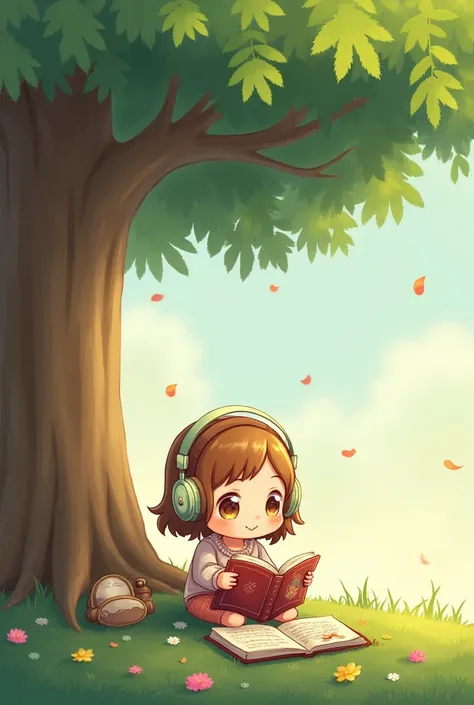 Make an image of a cute character ,  wearing headphones sitting under the tree reading a book