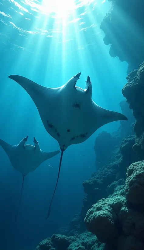 Primer plano de una obra maestra mejorada:1.5)0.9], (a herd of beautiful giant manta rays in their natural habitat) (A radiant glow:1.1)