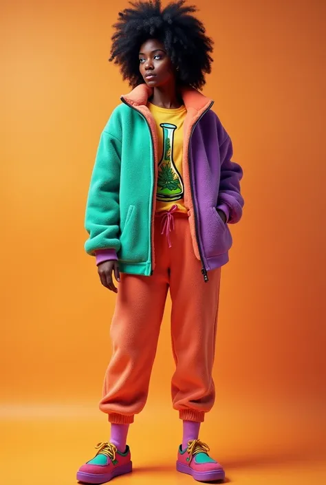 design 3d sexy fleece cartigan jackets and matching clothing with vibrant stoner colors for african american women. the logo on the clothes  a anti-gravity bong character with indica floating inside. design matching socks and slippers. the brand name l.i.f...