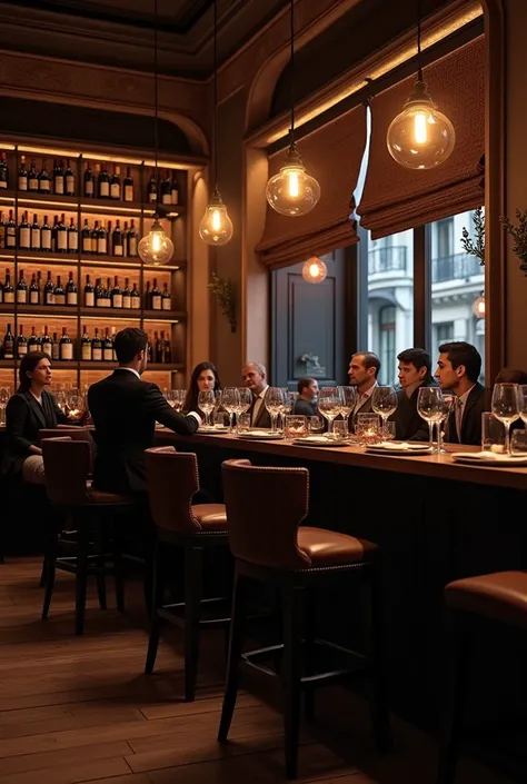 Wine bar ,  in Paris with dark wine bottles