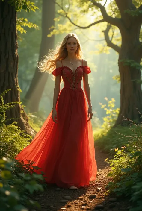 a mediaeval-style blonde princess , In the 20-year-old range,  walking in the forest , light red dress by Costa