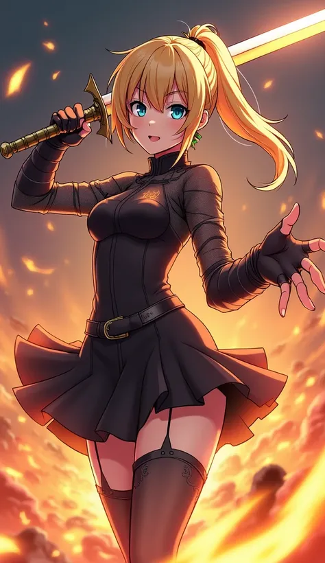 blonde_hair, ponytail, blue_eyes, 1girl, solo, bangs, broken_armor, sheer see-through black_dress, gloves, skirt, burning_field, fighting, best_quality, highres, extremely_detailed, anime perfect detailed style, 32k, masterpiece, anime art style, anime col...