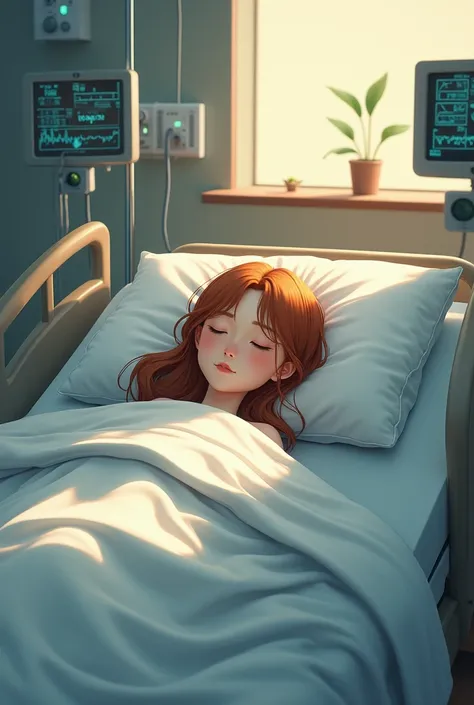 A sleeping girl in a hospital bed 