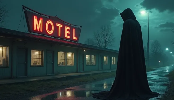 creepy horror black hooded figure standing beside a creepy motel night
