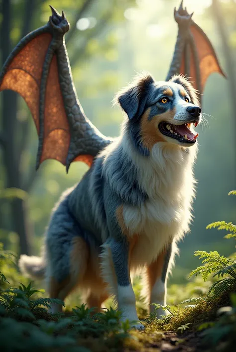 A Blue Merle Australian Shepherd that transforms into a dragon 