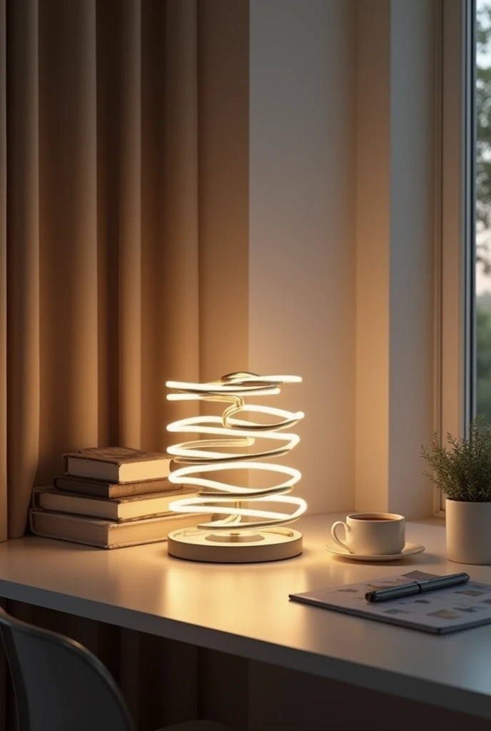 "An elegant and futuristic LED spiral table lamp placed on a minimalist desk, emitting a soft and warm glow. The spiral structure is metallic and smooth, blending seamlessly into a modern and stylish room. The desk features clean lines and is surrounded by...