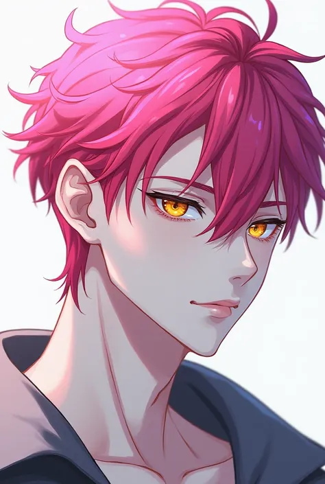 Man, pink hair, yellow eye, white skin, anime ,handsome 