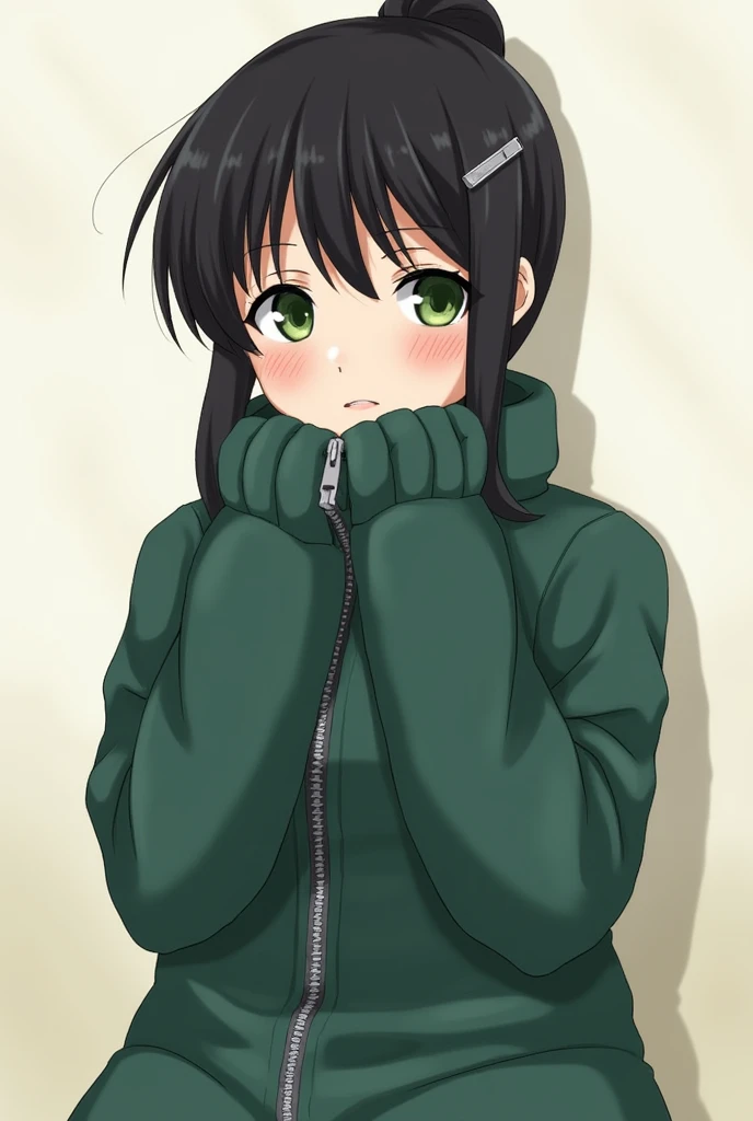 Black down-perm ponytail. Perilla-shaped bangs secured to the right with a hairpin. Green eyes. Indifferent expression. Covered with long haki-colored zippered thigh-length jumper. Approximately 22 years old. Jeans. 