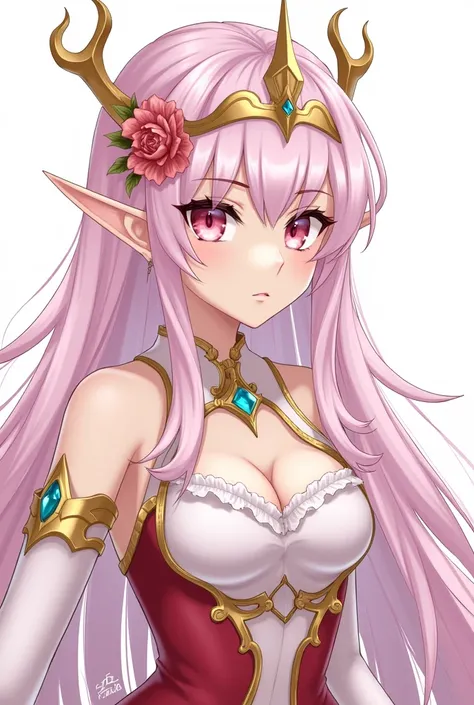 elf woman,  High resolution ,  masterpiece , Necessary,  high quality, Long light pink hair, Half stuck,  pointed ears,  pink eyes,  simple background , Jewel, Dragon horns, crown,  hair flower , brilliance, 