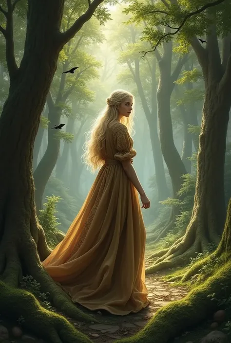 a mediaeval-style blonde princess , In the 20-year-old range, Shes walking backwards in the dense forest
