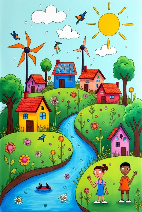 Drawing Idea : "Eco-Dream City"

 Description :
A sustainable imaginary city where people live in peace with nature. The drawing can contain:

Small colorful houses built on green hills.

Windmills and solar panels above the houses to generate clean energy...