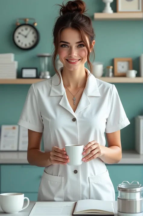  You can generate an image of the most unveiled nurse, using cofi ,  slightly disheveled ,  with a very white report ,  in white leather,  and brown hair tied up , drinking coffee,  arranging stationery   ,  well made up and very smiling  .