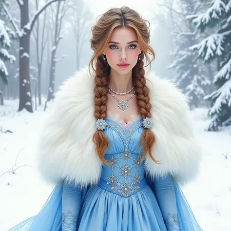 Acrylic watercolor, casual pose, beautiful Russian woman, light brown hair, hairstyle long braids, dressed in blue-light blue dress with silver snowflakes, white fur cape, beautiful dark winter, fashion trends in art, light brown-haired Templar, airy femin...