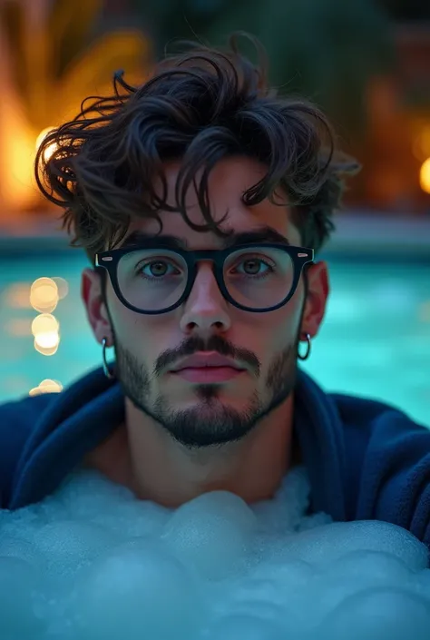 fullbody , Big brown eyed teenage man  ,   disheveled wet hair  , defined chin   , large pink lips  , short beard , muscular , black glasses,  silver earrings long on the ears  , loose blue sweater   ,  enjoying a hot tub with foam beautiful view at night 