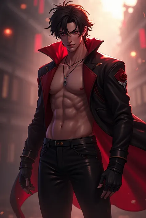 Scaramouche from genshin impact, wearing shorts, no top, slightly visible abs, hot, full body