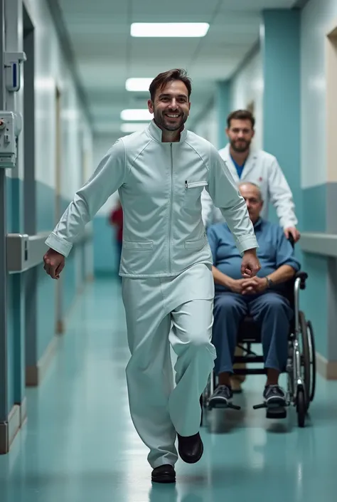  You can generate an image of a smiling stretcher ,   in white leather, high, with white uniform, running after a wheelchair ,   with an elderly patient sitting in Ellá ,   the patient. youre asleep ,  and in the background the emergency corridor of the To...